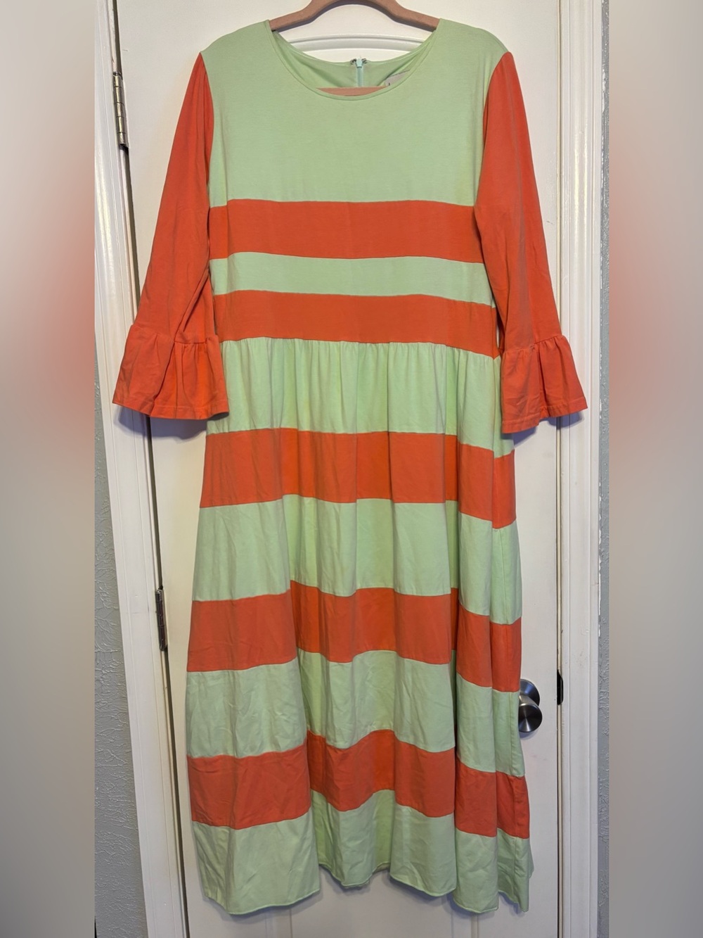 Dainty Jewells Mint and Coral Striped Bell-Sleeve Maxi Dress